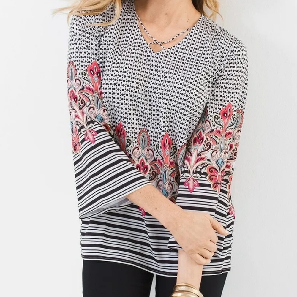 CHICO'S Women's Size 2 US 12/14 Black White Mixed-Print Criss-Cross V neckline